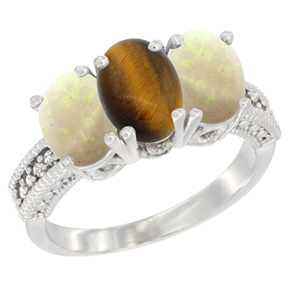 14K White Gold Natural Tiger Eye &amp; Opal Sides Ring 3-Stone 7x5 mm Oval Diamond Accent, sizes 5 - 10