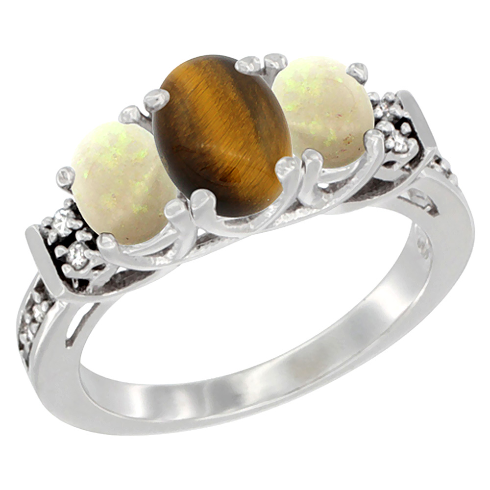 14K White Gold Natural Tiger Eye & Opal Ring 3-Stone Oval Diamond Accent, sizes 5-10