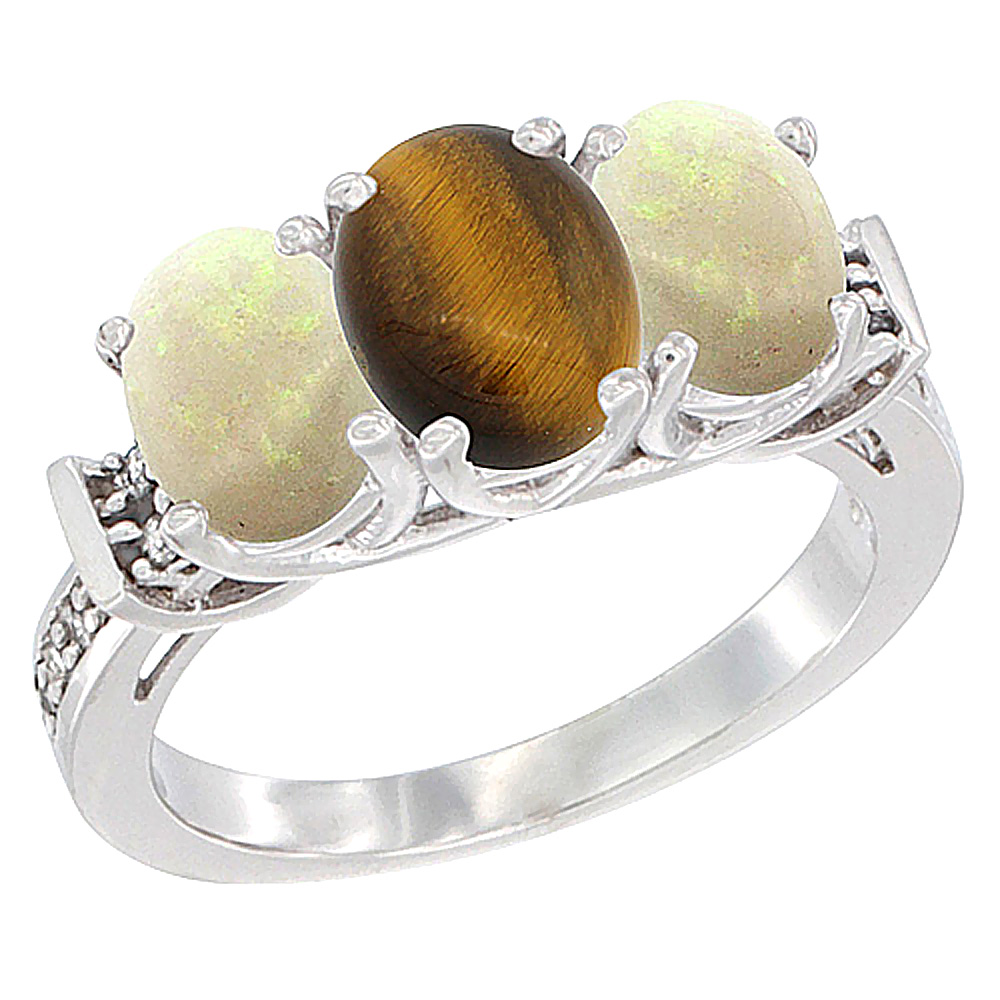14K White Gold Natural Tiger Eye &amp; Opal Sides Ring 3-Stone Oval Diamond Accent, sizes 5 - 10