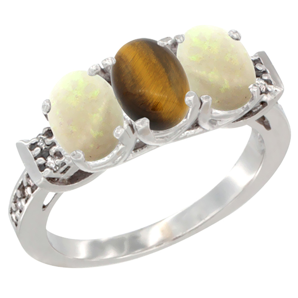 10K White Gold Natural Tiger Eye & Opal Sides Ring 3-Stone Oval 7x5 mm Diamond Accent, sizes 5 - 10