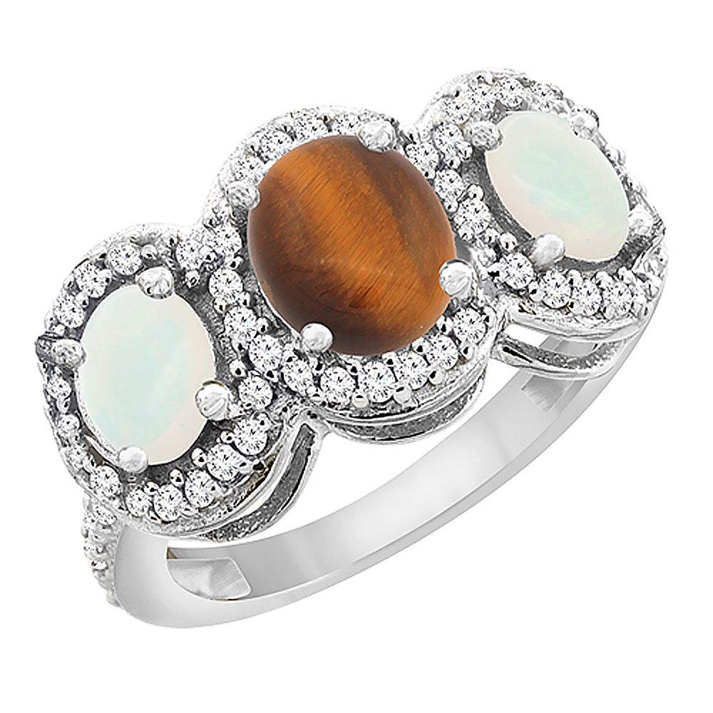 10K White Gold Natural Tiger Eye &amp; Opal 3-Stone Ring Oval Diamond Accent, sizes 5 - 10