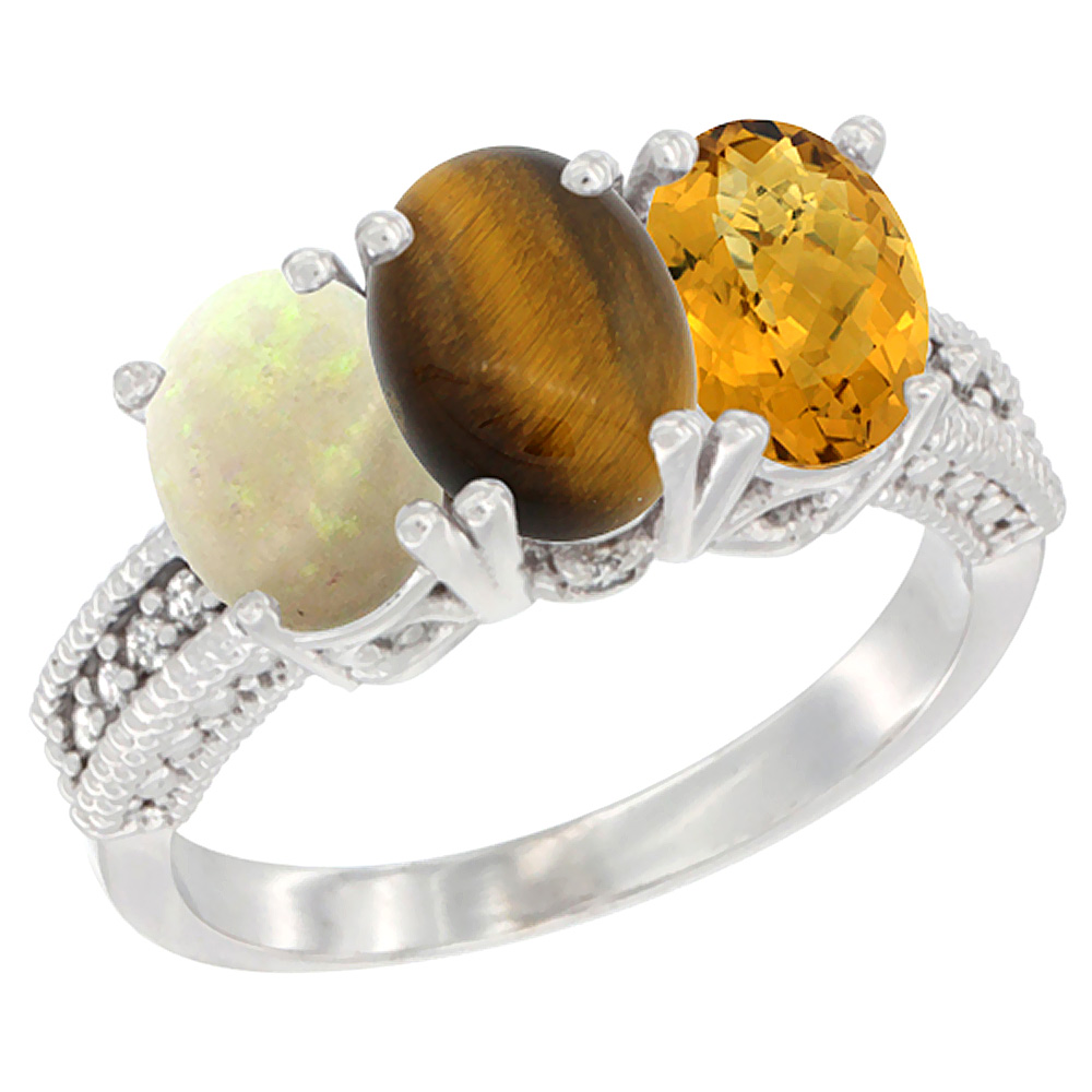 14K White Gold Natural Opal, Tiger Eye &amp; Whisky Quartz Ring 3-Stone 7x5 mm Oval Diamond Accent, sizes 5 - 10