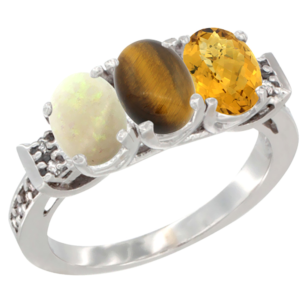 14K White Gold Natural Opal, Tiger Eye &amp; Whisky Quartz Ring 3-Stone Oval 7x5 mm Diamond Accent, sizes 5 - 10