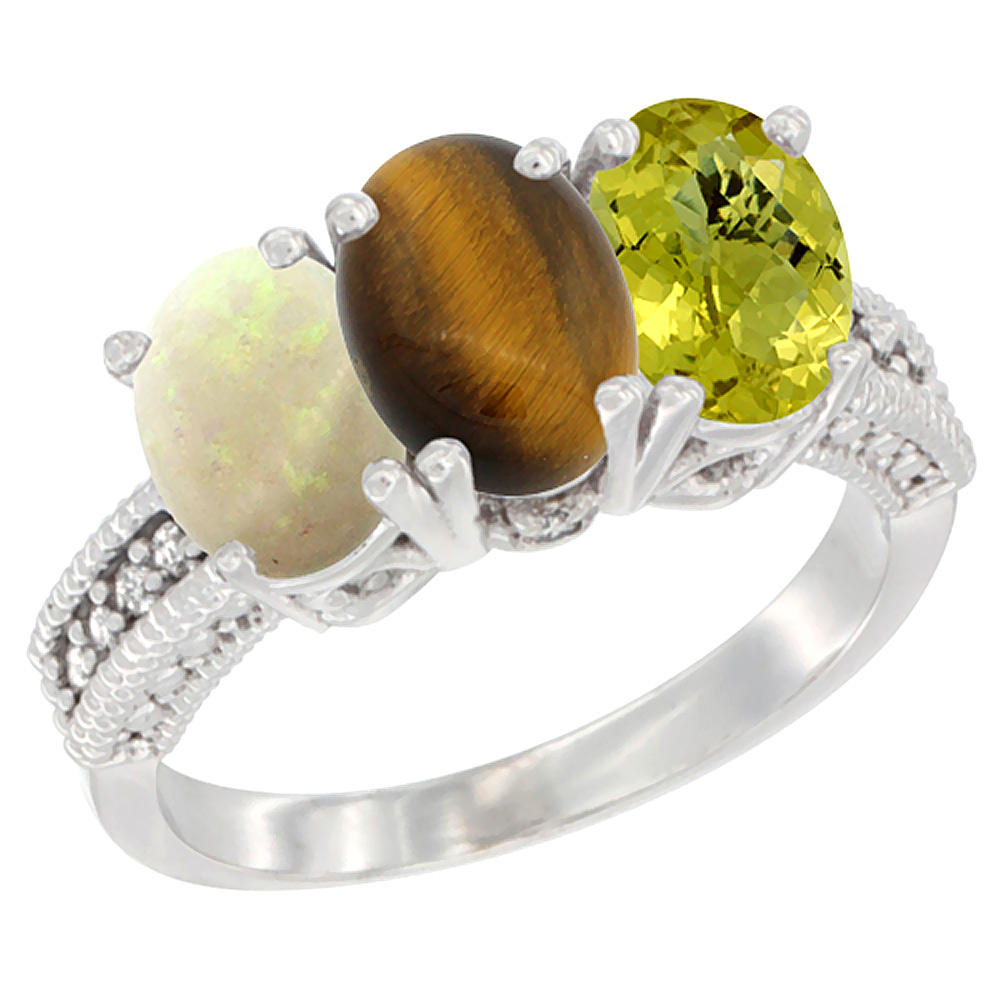 10K White Gold Diamond Natural Opal, Tiger Eye &amp; Lemon Quartz Ring 3-Stone 7x5 mm Oval, sizes 5 - 10