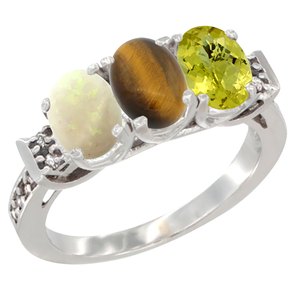 14K White Gold Natural Opal, Tiger Eye &amp; Lemon Quartz Ring 3-Stone Oval 7x5 mm Diamond Accent, sizes 5 - 10