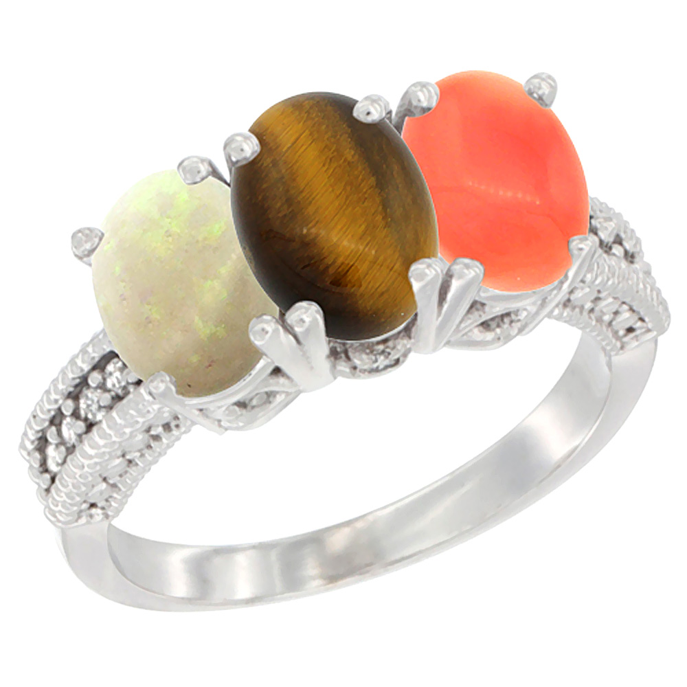 14K White Gold Natural Opal, Tiger Eye & Coral Ring 3-Stone 7x5 mm Oval Diamond Accent, sizes 5 - 10