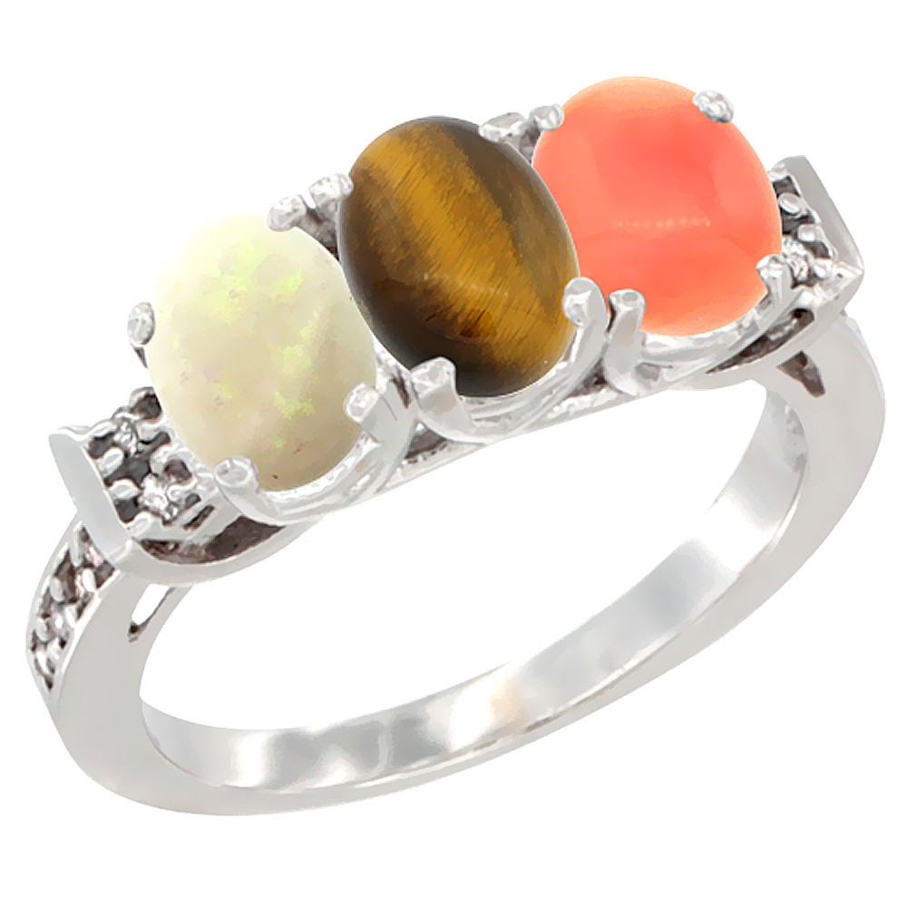10K White Gold Natural Opal, Tiger Eye &amp; Coral Ring 3-Stone Oval 7x5 mm Diamond Accent, sizes 5 - 10