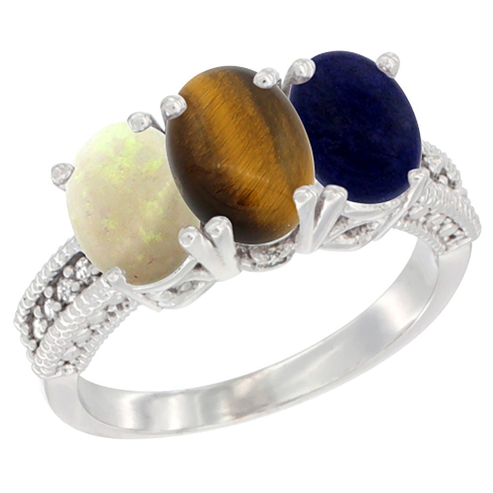 14K White Gold Natural Opal, Tiger Eye &amp; Lapis Ring 3-Stone 7x5 mm Oval Diamond Accent, sizes 5 - 10