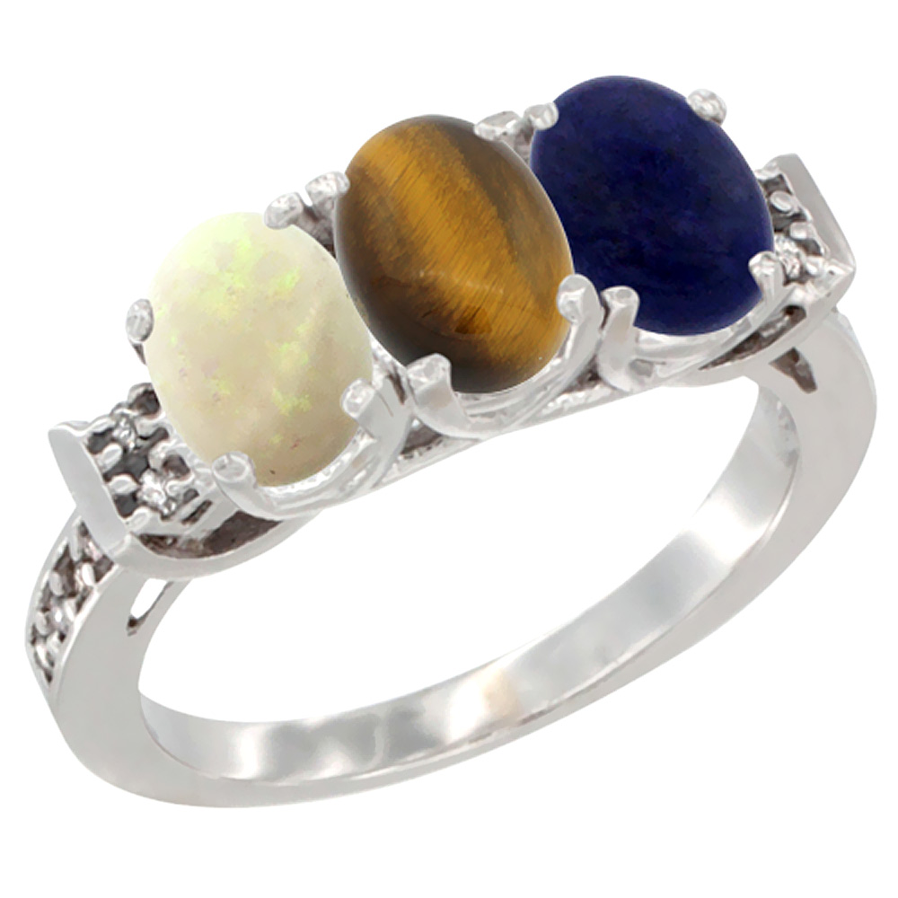 10K White Gold Natural Opal, Tiger Eye &amp; Lapis Ring 3-Stone Oval 7x5 mm Diamond Accent, sizes 5 - 10