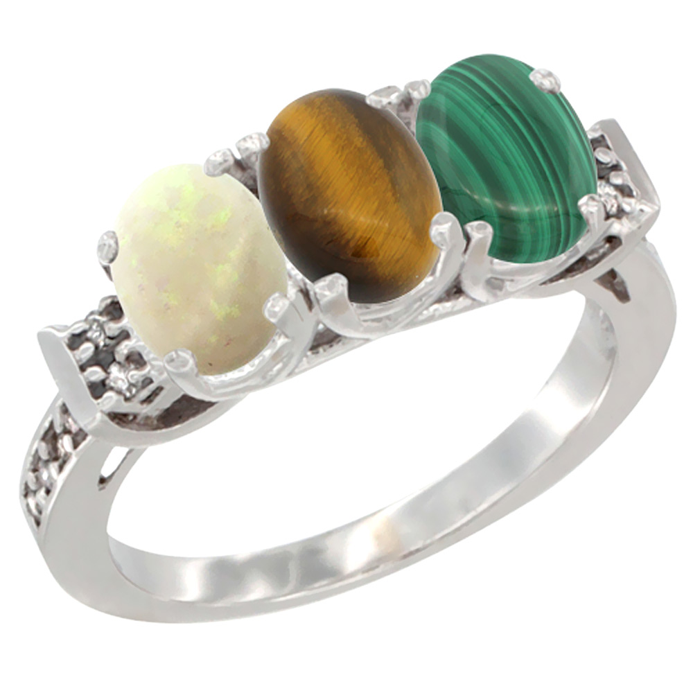 14K White Gold Natural Opal, Tiger Eye & Malachite Ring 3-Stone Oval 7x5 mm Diamond Accent, sizes 5 - 10