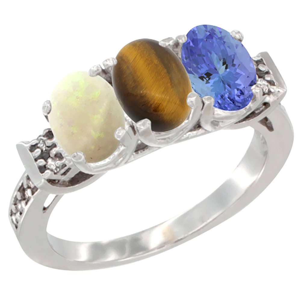 10K White Gold Natural Opal, Tiger Eye & Tanzanite Ring 3-Stone Oval 7x5 mm Diamond Accent, sizes 5 - 10