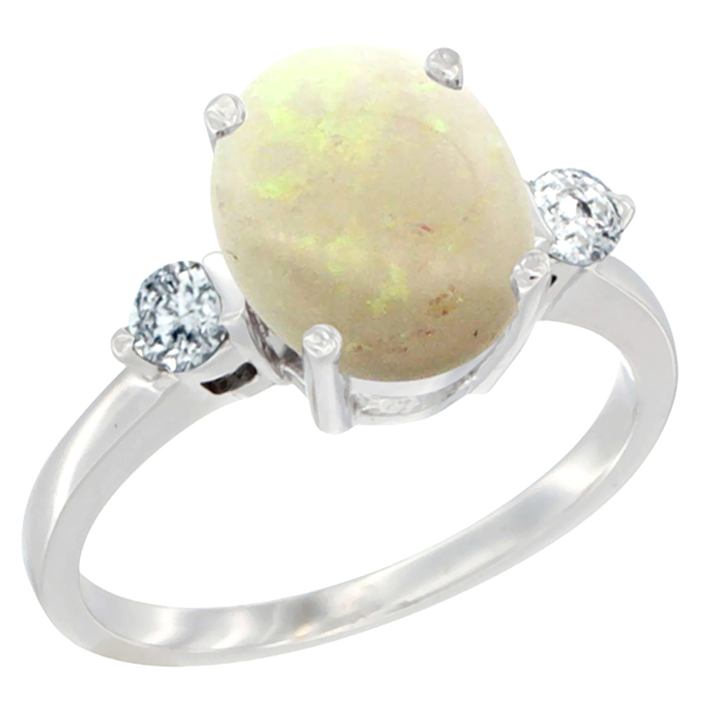 10K White Gold 10x8mm Oval Natural Opal Ring for Women Diamond Side-stones sizes 5 - 10