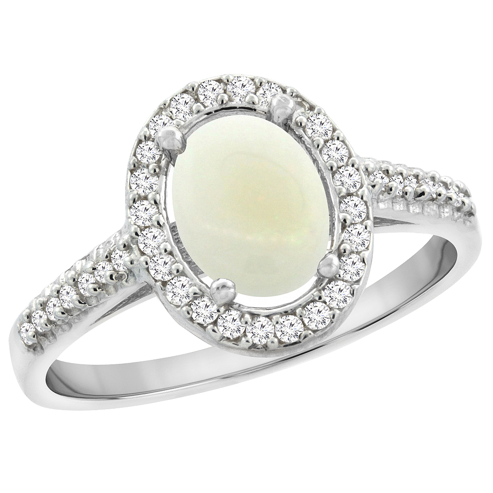 14K White Gold Natural Opal Engagement Ring Oval 7x5 mm Diamond Halo, sizes 5 - 10