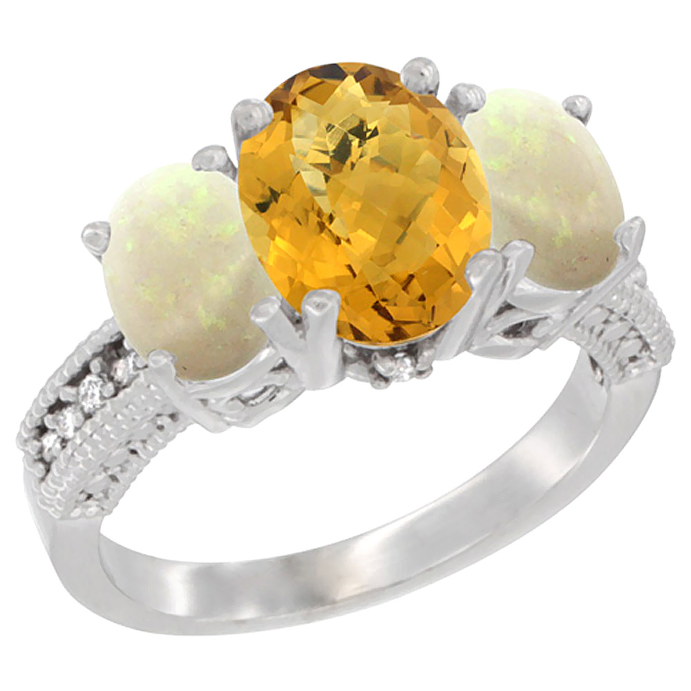 14K White Gold Diamond Natural Whisky Quartz Ring 3-Stone Oval 8x6mm with Opal, sizes5-10