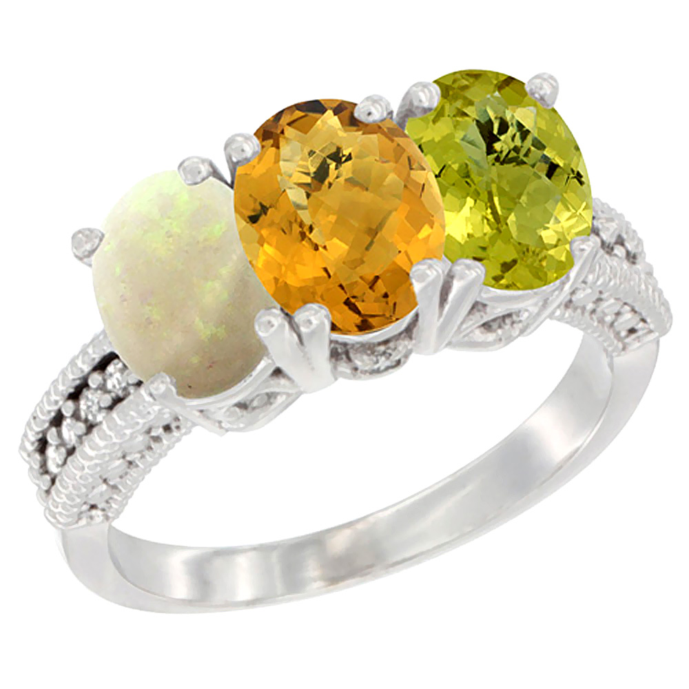 10K White Gold Diamond Natural Opal, Whisky Quartz &amp; Lemon Quartz Ring 3-Stone 7x5 mm Oval, sizes 5 - 10