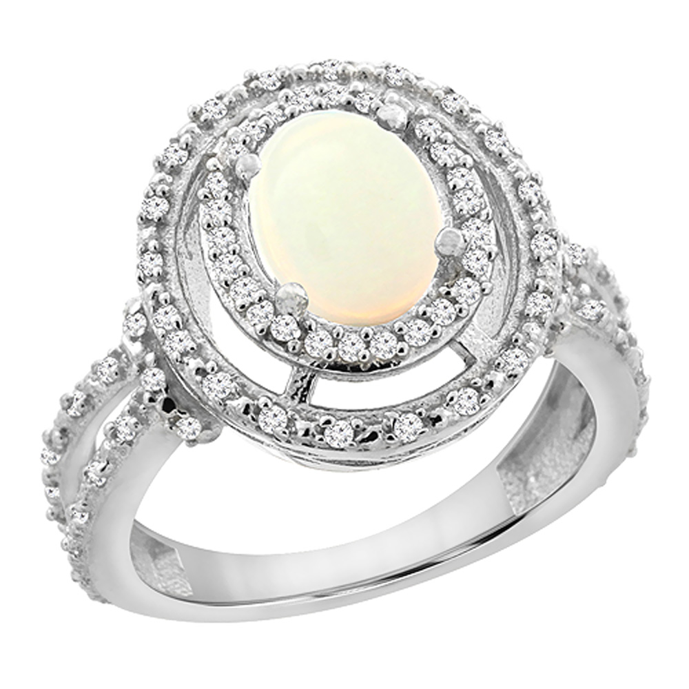 14K White Gold Natural Opal Ring Oval 8x6 mm Double Halo Diamond, sizes 5 - 10