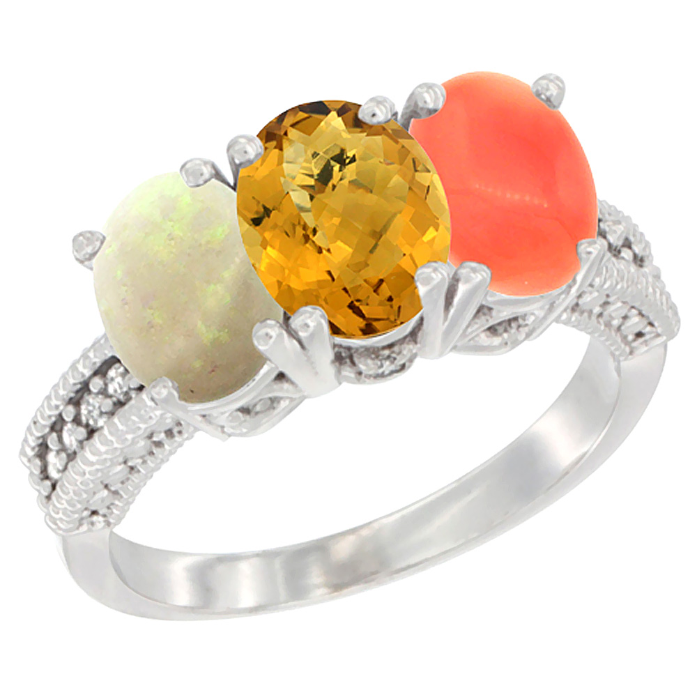 14K White Gold Natural Opal, Whisky Quartz & Coral Ring 3-Stone 7x5 mm Oval Diamond Accent, sizes 5 - 10