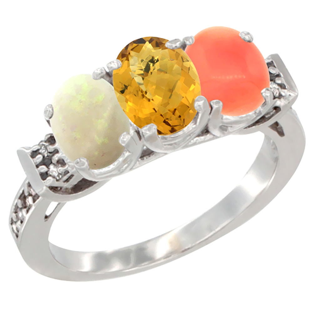 10K White Gold Natural Opal, Whisky Quartz & Coral Ring 3-Stone Oval 7x5 mm Diamond Accent, sizes 5 - 10