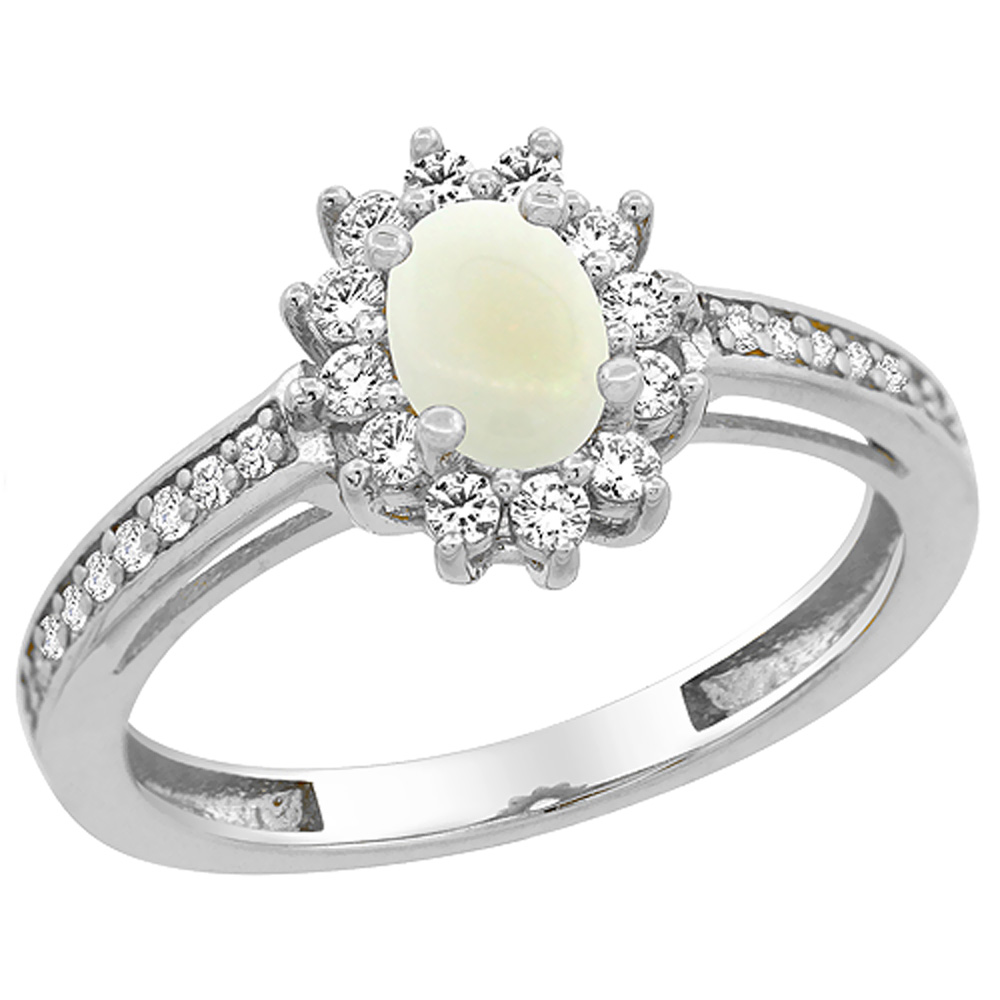 14K White Gold Natural Opal Flower Halo Ring Oval 6x4mm Diamond Accents, sizes 5 - 10