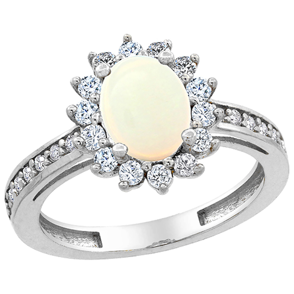 10K White Gold Natural Opal Floral Halo Ring Oval 8x6mm Diamond Accents, sizes 5 - 10