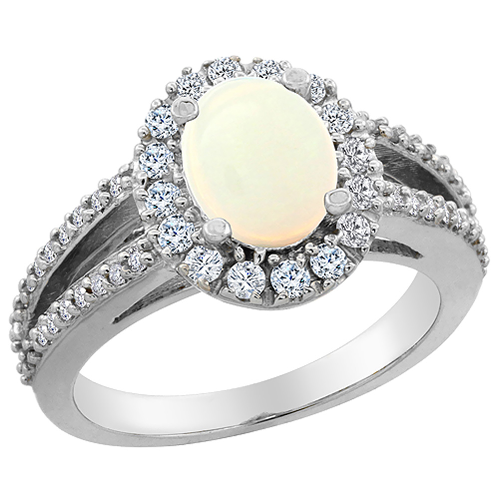 14K White Gold Natural Opal Halo Ring Oval 8x6 mm with Diamond Accents, sizes 5 - 10