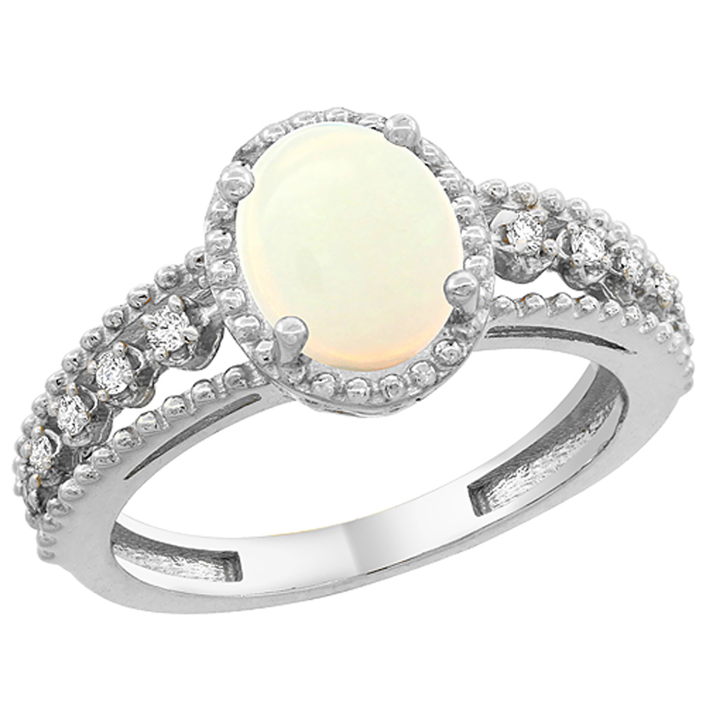 10K White Gold Natural Opal Ring Oval 9x7 mm Floating Diamond Accents, sizes 5 - 10
