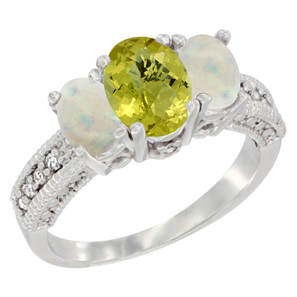 10K White Gold Diamond Natural Lemon Quartz Ring Oval 3-stone with Opal, sizes 5 - 10