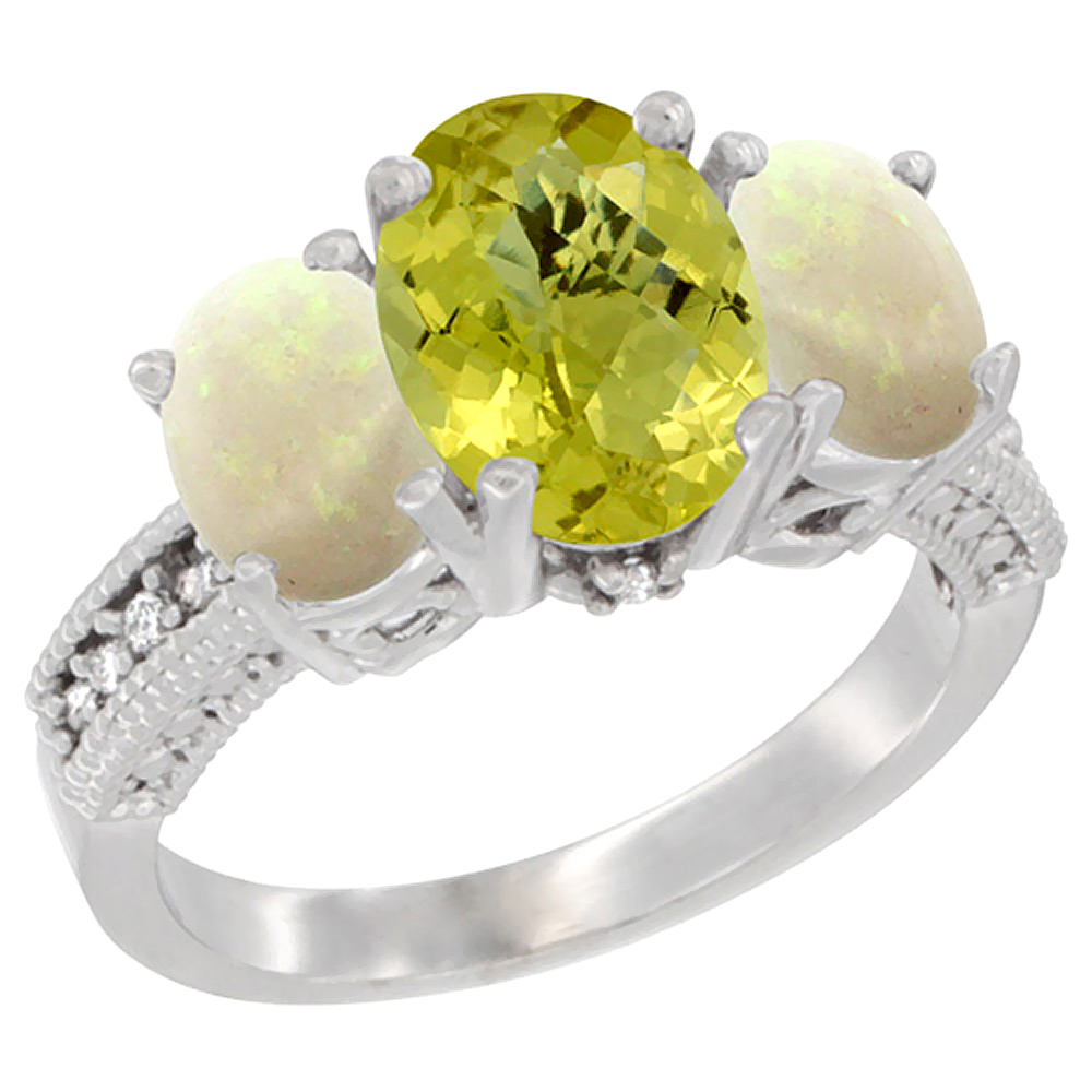 10K White Gold Diamond Natural Lemon Quartz Ring 3-Stone Oval 8x6mm with Opal, sizes5-10