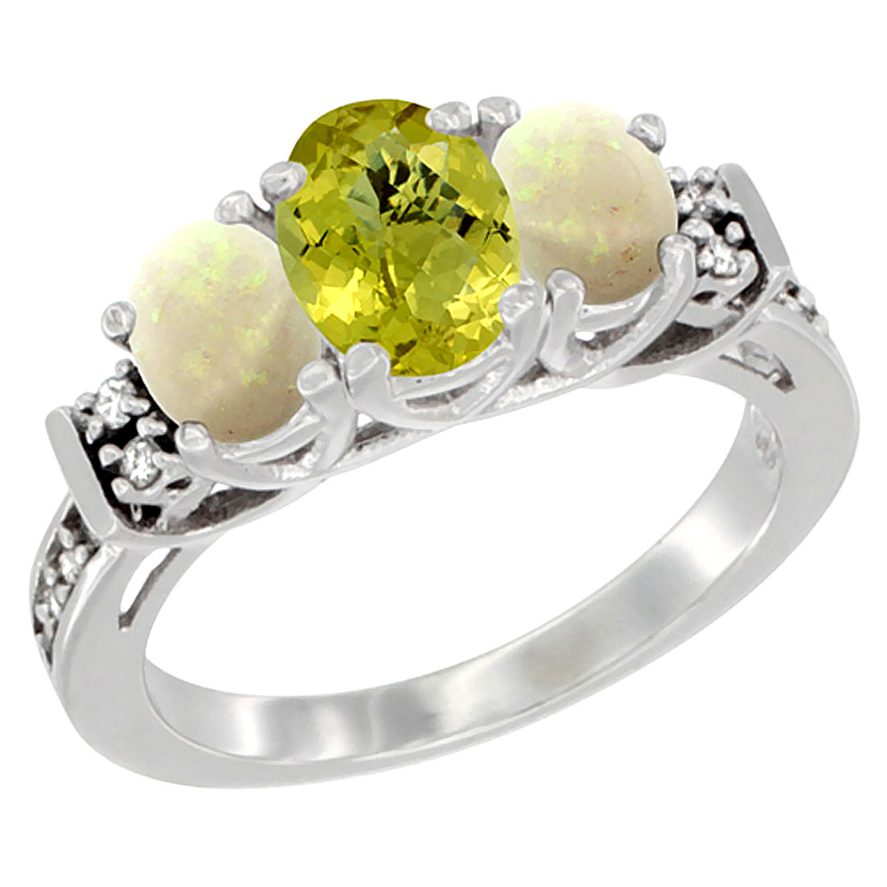 14K White Gold Natural Lemon Quartz &amp; Opal Ring 3-Stone Oval Diamond Accent, sizes 5-10