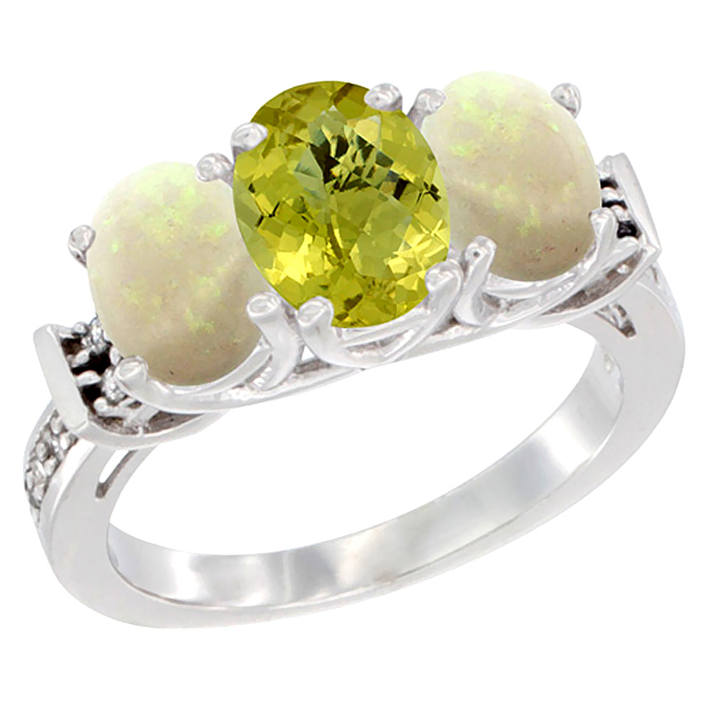 10K White Gold Natural Lemon Quartz & Opal Sides Ring 3-Stone Oval Diamond Accent, sizes 5 - 10