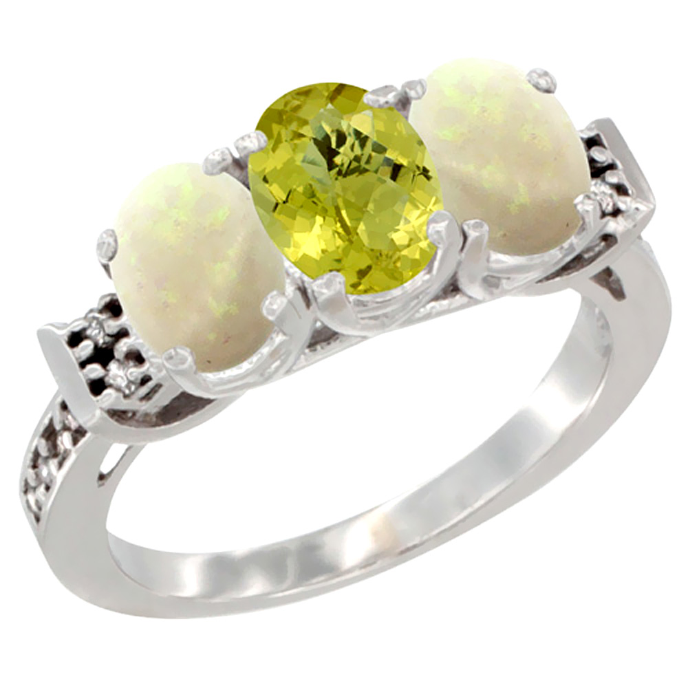 14K White Gold Natural Lemon Quartz &amp; Opal Sides Ring 3-Stone Oval 7x5 mm Diamond Accent, sizes 5 - 10