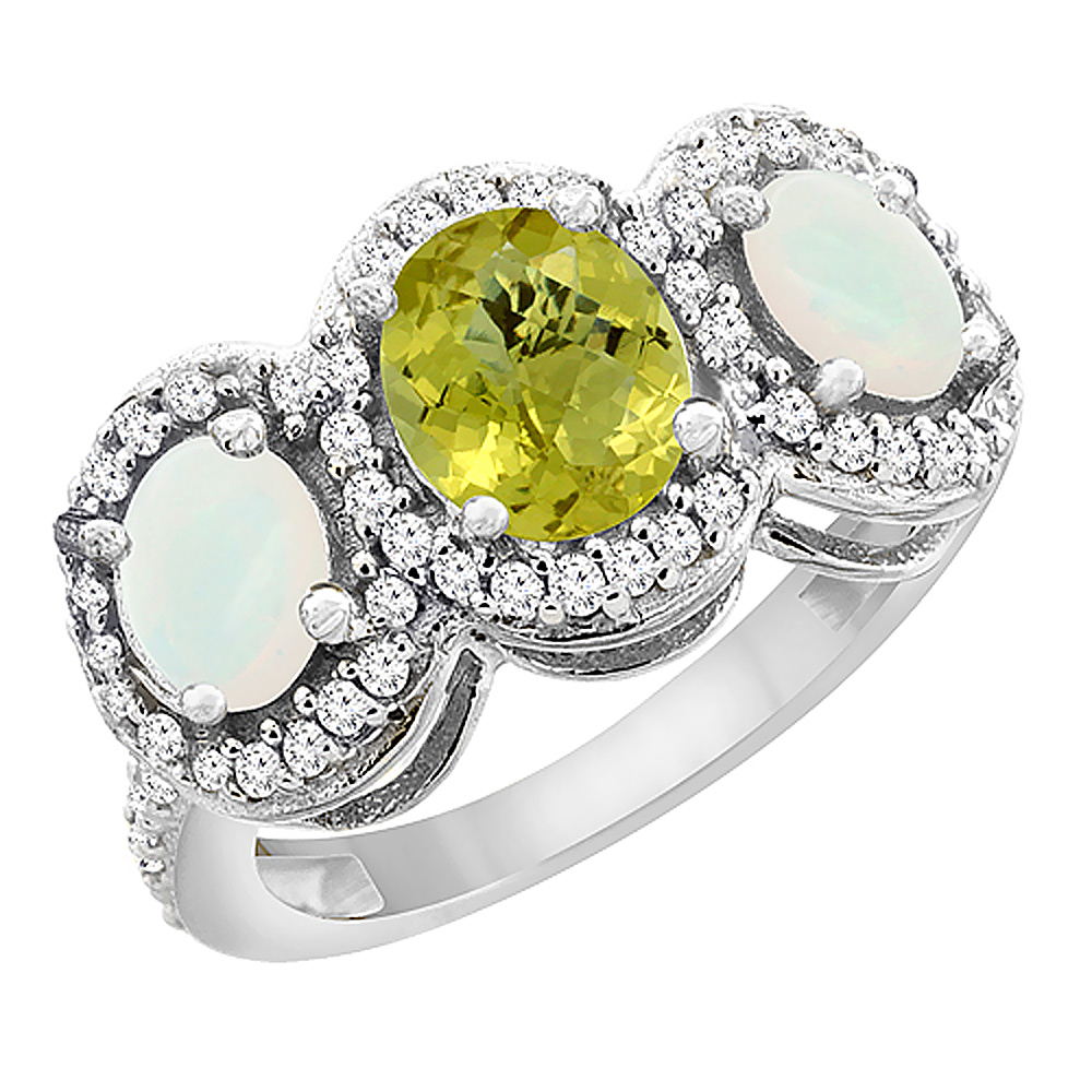 14K White Gold Natural Lemon Quartz &amp; Opal 3-Stone Ring Oval Diamond Accent, sizes 5 - 10