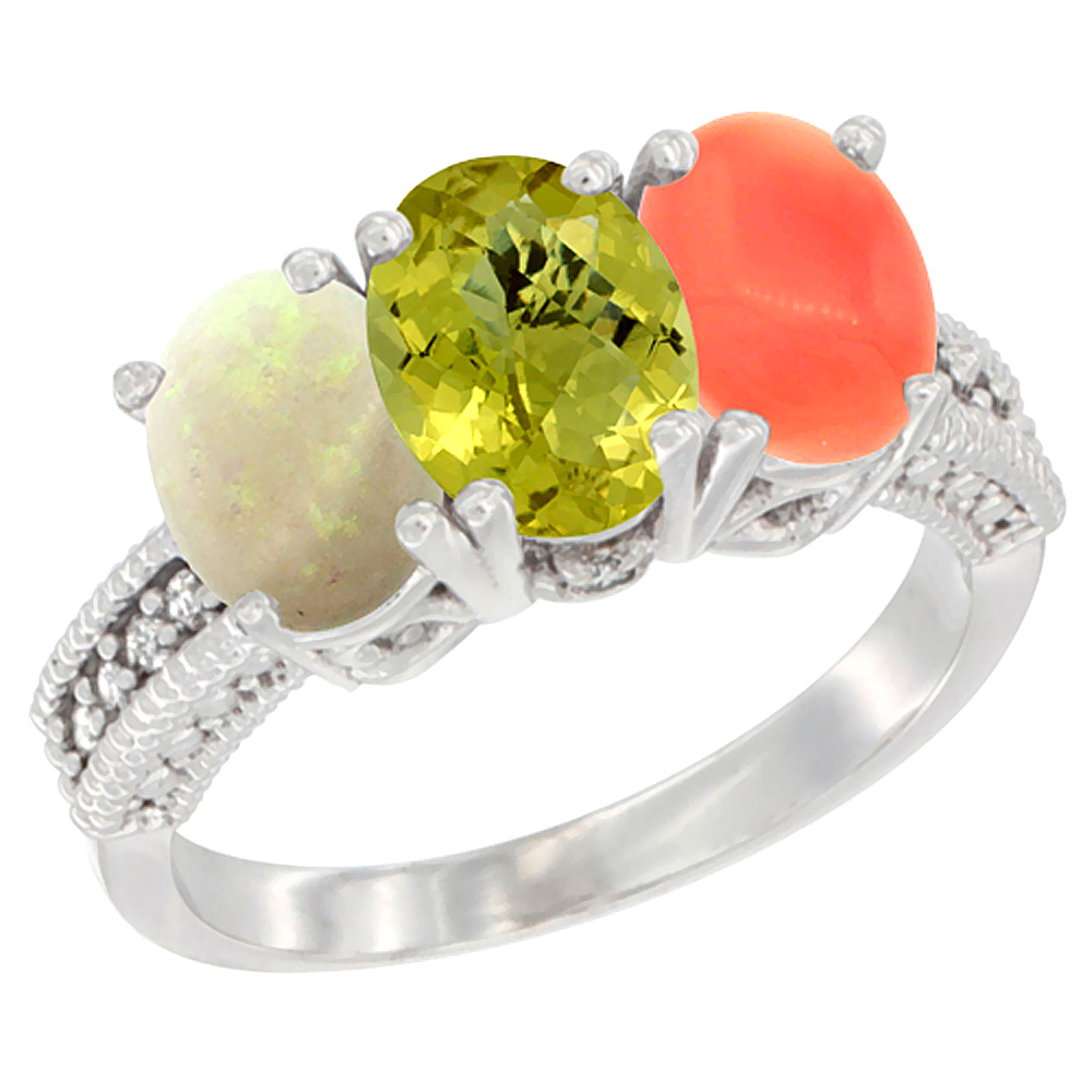 10K White Gold Diamond Natural Opal, Lemon Quartz &amp; Coral Ring 3-Stone 7x5 mm Oval, sizes 5 - 10