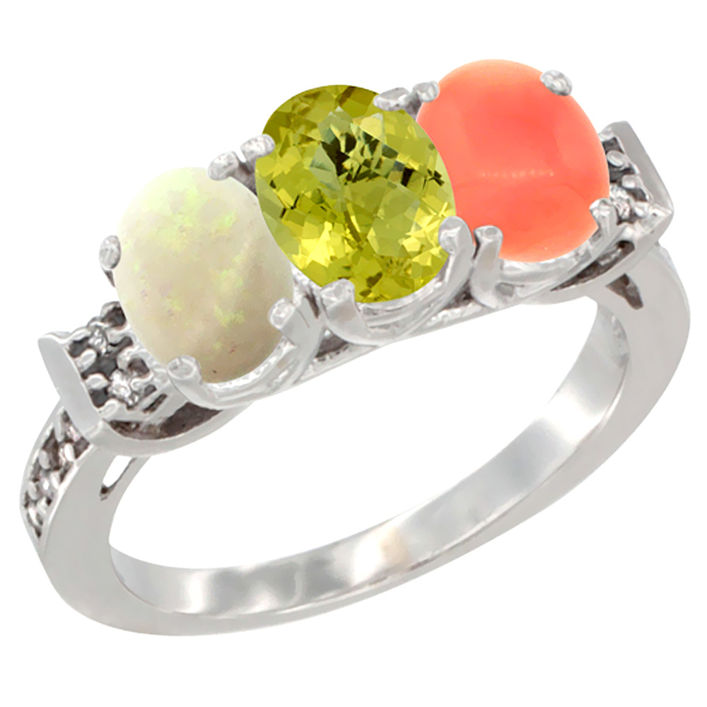14K White Gold Natural Opal, Lemon Quartz & Coral Ring 3-Stone Oval 7x5 mm Diamond Accent, sizes 5 - 10