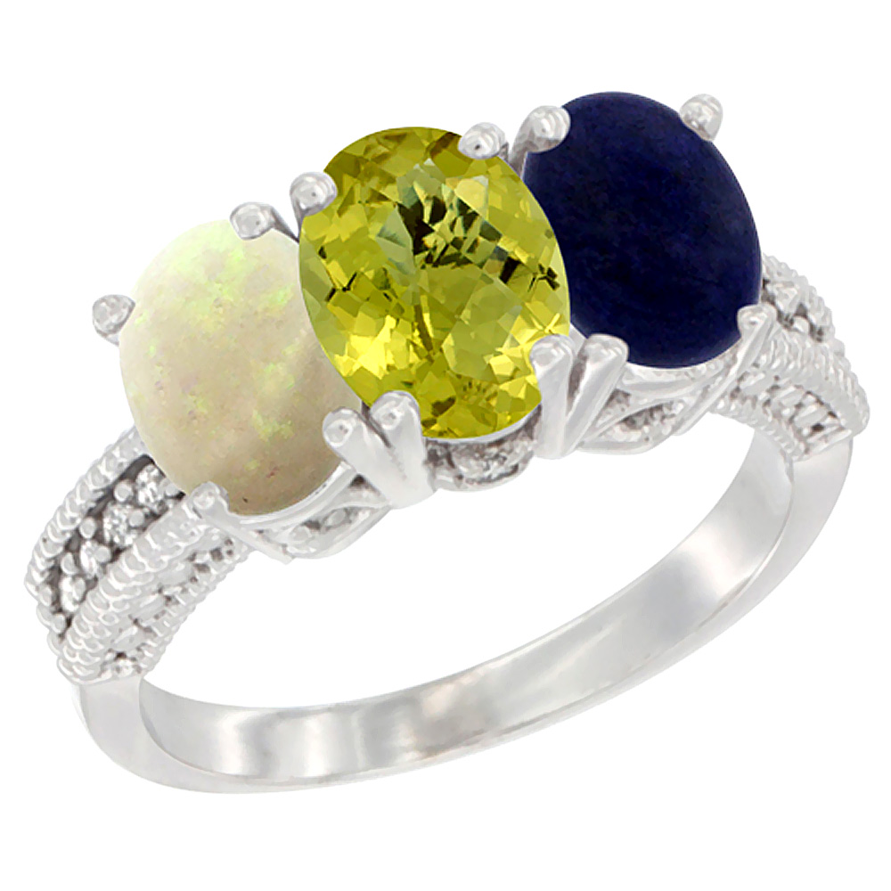 14K White Gold Natural Opal, Lemon Quartz & Lapis Ring 3-Stone 7x5 mm Oval Diamond Accent, sizes 5 - 10