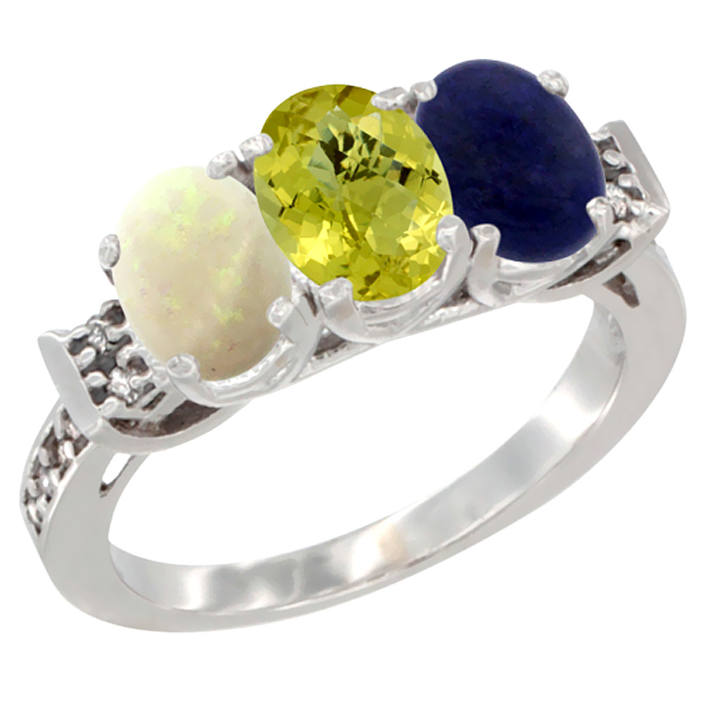10K White Gold Natural Opal, Lemon Quartz & Lapis Ring 3-Stone Oval 7x5 mm Diamond Accent, sizes 5 - 10