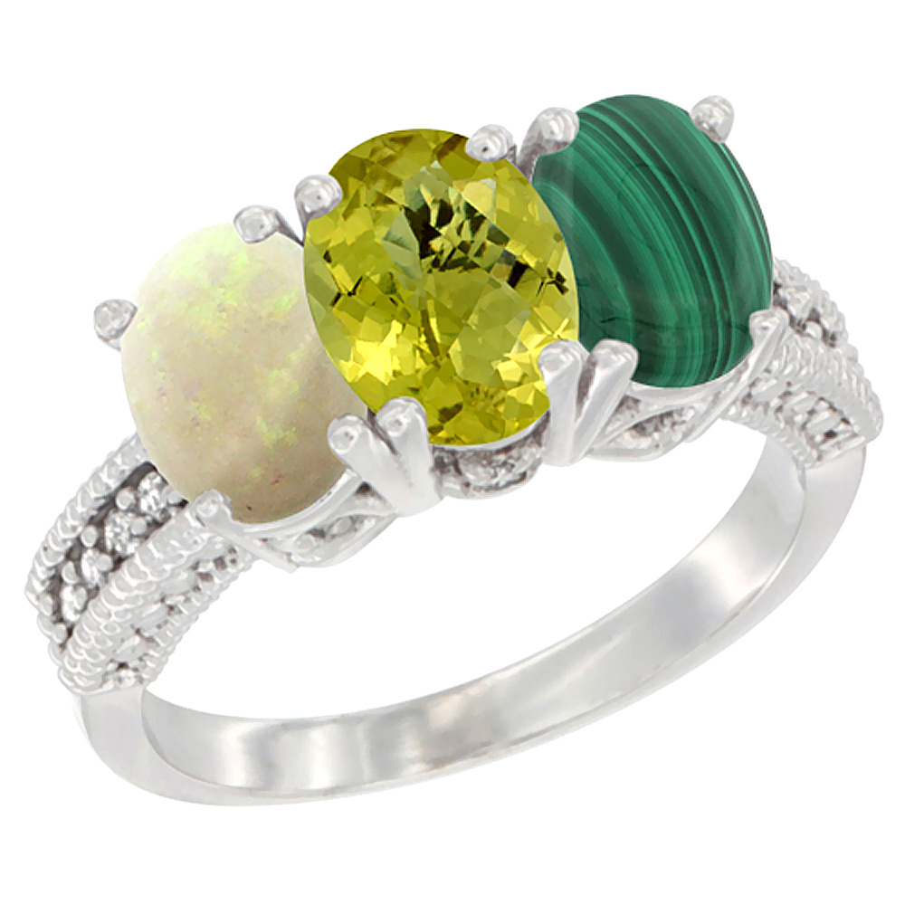 14K White Gold Natural Opal, Lemon Quartz &amp; Malachite Ring 3-Stone 7x5 mm Oval Diamond Accent, sizes 5 - 10