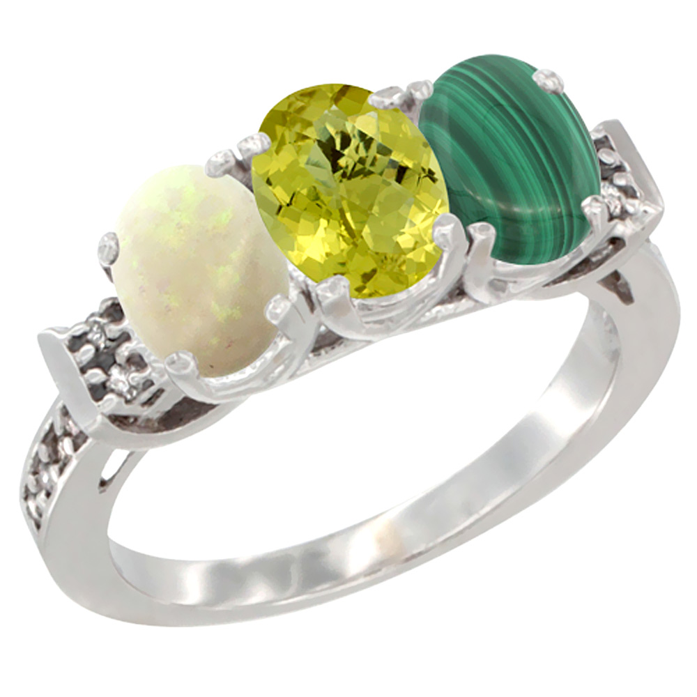 10K White Gold Natural Opal, Lemon Quartz &amp; Malachite Ring 3-Stone Oval 7x5 mm Diamond Accent, sizes 5 - 10