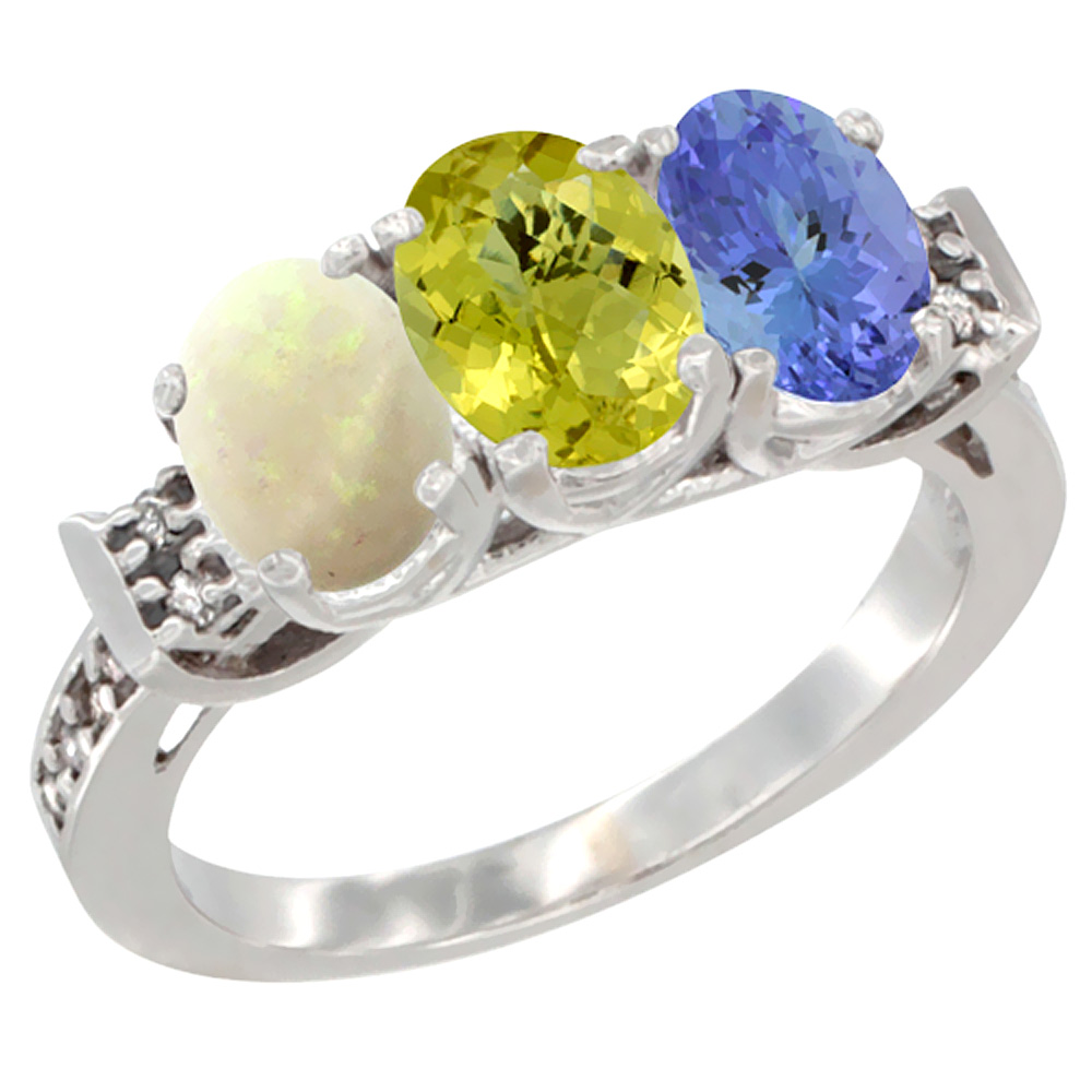 14K White Gold Natural Opal, Lemon Quartz &amp; Tanzanite Ring 3-Stone Oval 7x5 mm Diamond Accent, sizes 5 - 10