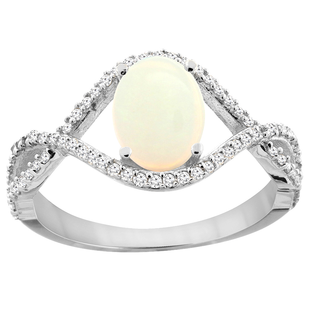 14K White Gold Natural Opal Ring Oval 8x6 mm Infinity Diamond Accents, sizes 5 - 10