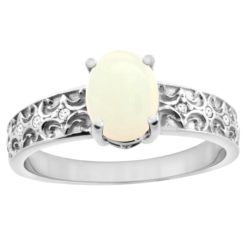 14K White Gold Natural Opal Ring Oval 8x6 mm Diamond Accents, sizes 5 - 10