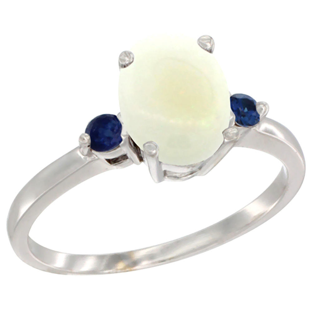 10K White Gold Natural Opal Ring Oval 9x7 mm Blue Sapphire Accent, sizes 5 to 10