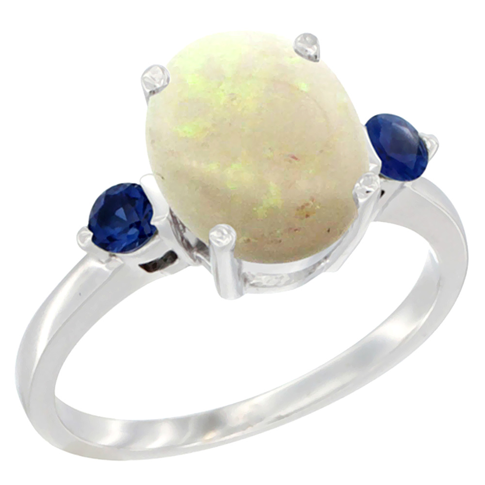 10K White Gold 10x8mm Oval Natural Opal Ring for Women Blue Sapphire Side-stones sizes 5 - 10
