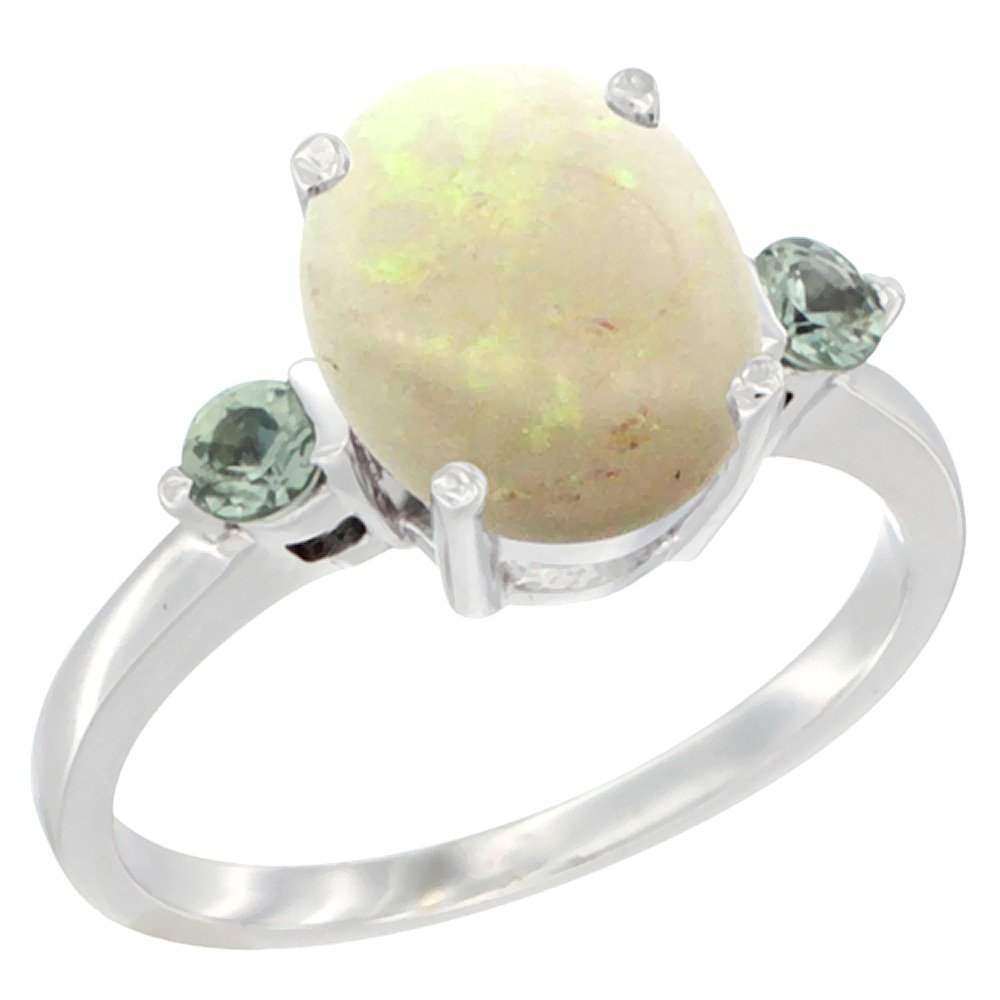 14K White Gold 10x8mm Oval Natural Opal Ring for Women Green Sapphire Side-stones sizes 5 - 10