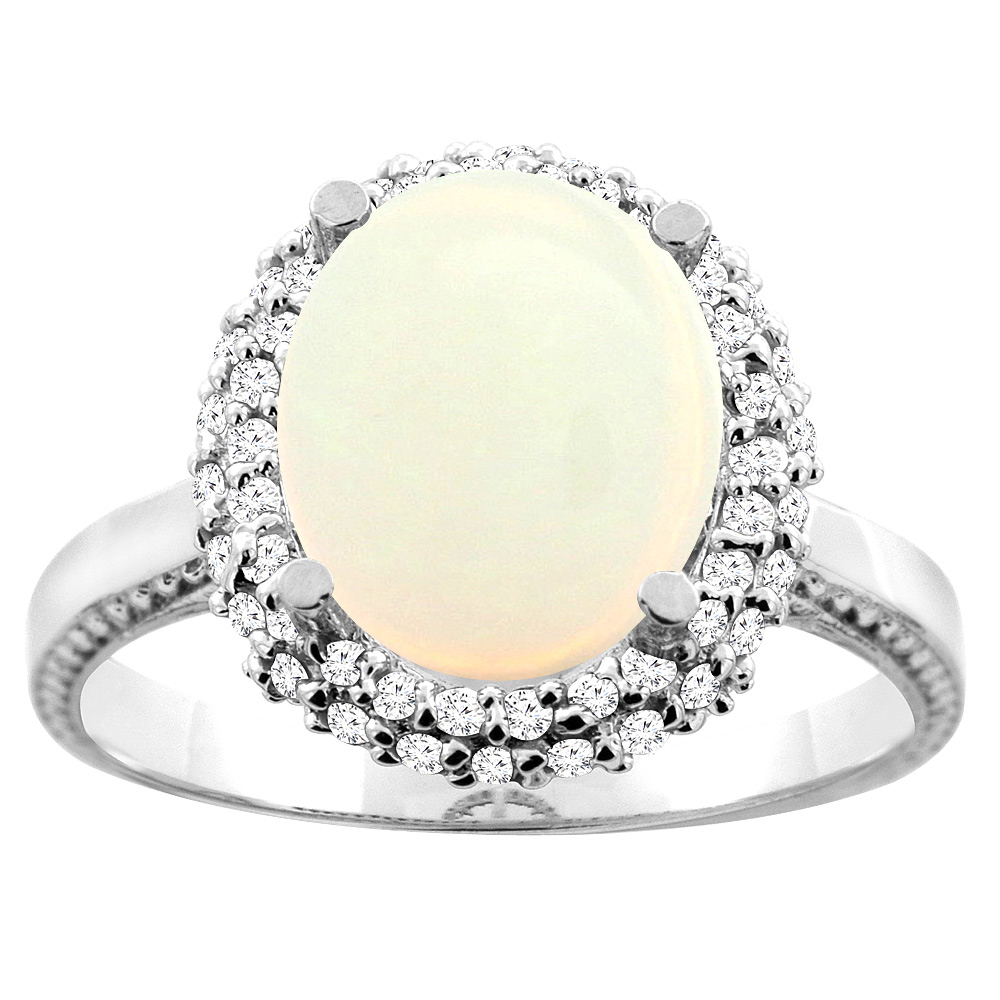 14K White/Yellow Gold Natural Opal Double Halo Ring Oval 10x8mm Diamond Accent, sizes 5 - 10