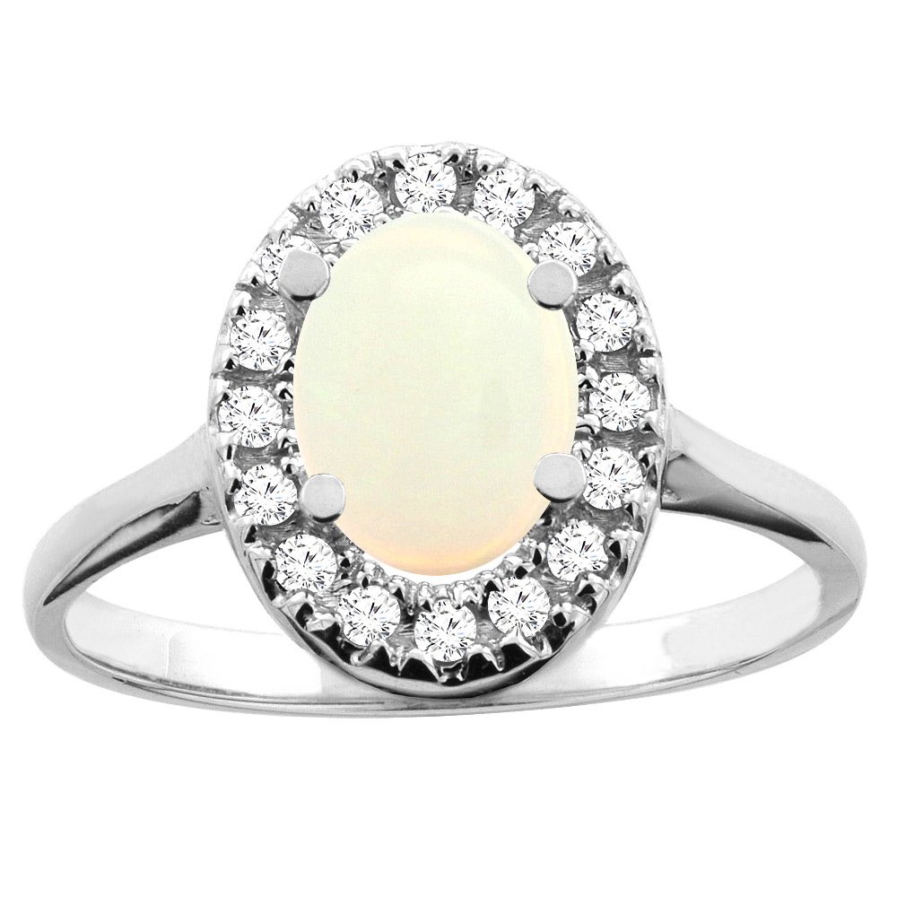 14K White/Yellow Gold Natural Opal Ring Oval 8x6mm Diamond Accent, sizes 5 - 10