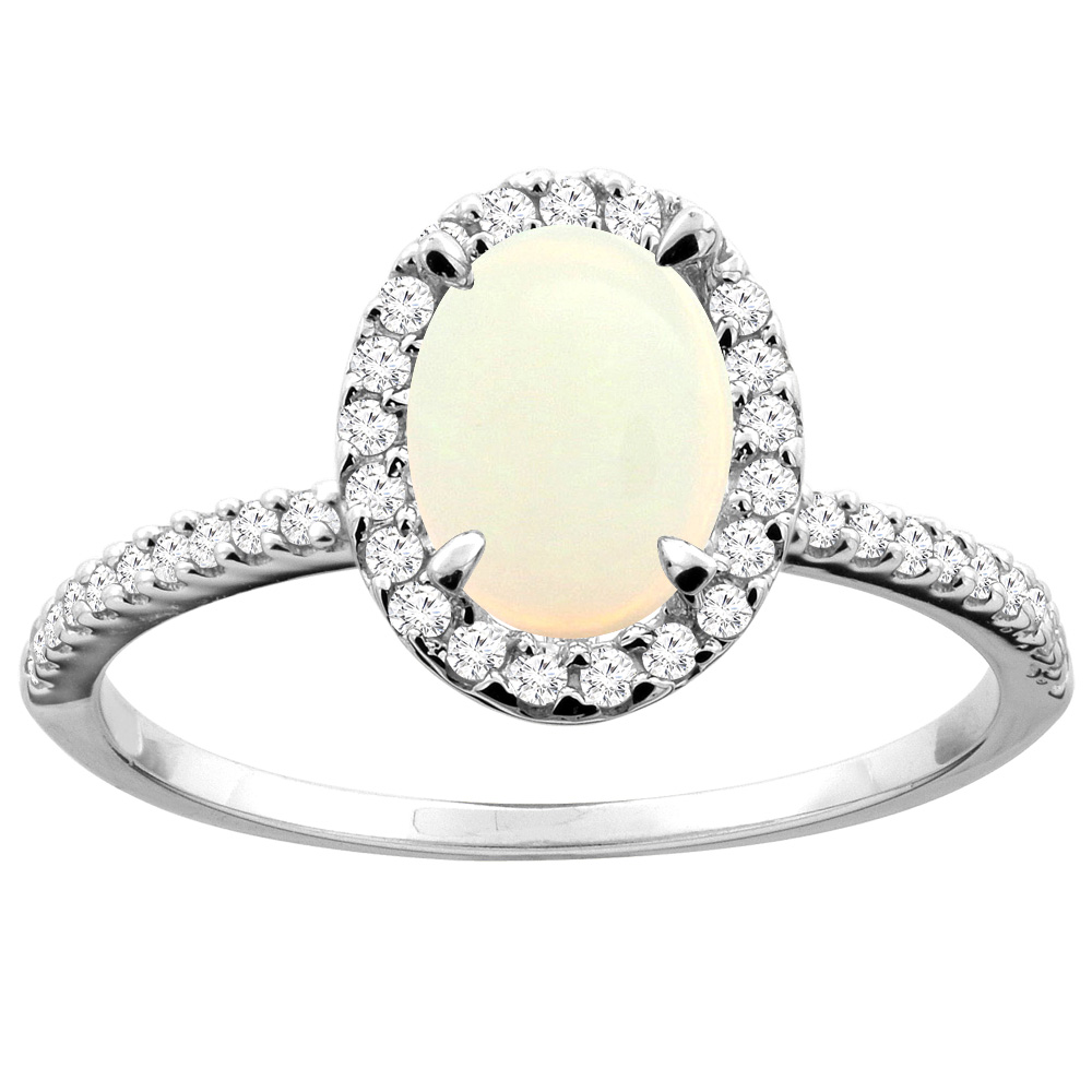 14K White/Yellow Gold Natural Opal Ring Oval 8x6mm Diamond Accent, sizes 5 - 10