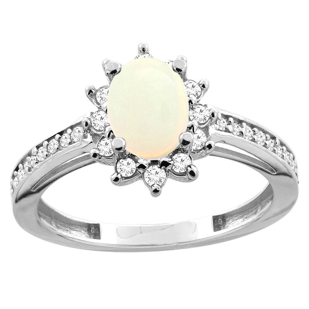 10K White/Yellow Gold Diamond Natural Opal Floral Halo Engagement Ring Oval 7x5mm, sizes 5 - 10