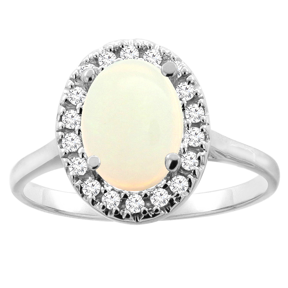 14K Gold Natural Opal Halo Ring Oval 9x7mm Diamond Accent, sizes 5 - 10