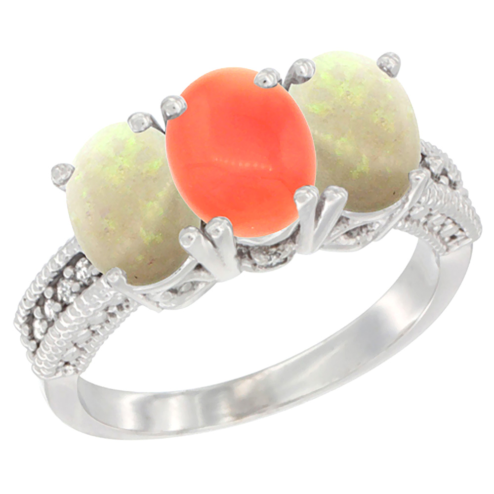 14K White Gold Natural Coral & Opal Sides Ring 3-Stone 7x5 mm Oval Diamond Accent, sizes 5 - 10